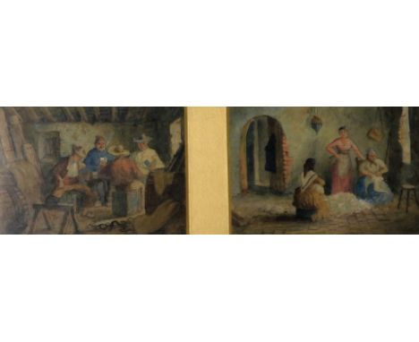 H V Carlita (19thC).  Card playing; goose plucking, pair of watercolours framed as one, signed verso and dated ('90), each 9c