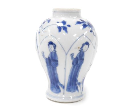 A Kangxi blue and white export porcelain vase, of fluted, baluster form, decorated with ladies, and flowers in a pot, beneath