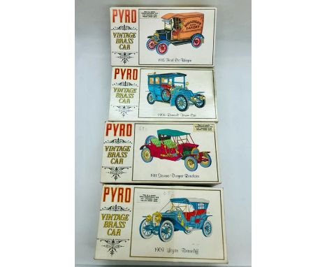 Four PYRO vintage brass cars to include a 1906 Renault Towne car, a 1909 Lozier Briarcliff, a 1911 Stevens- Duryea Roadster a