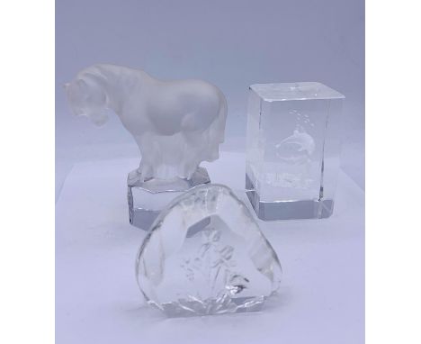 Three glass paperweights to include a horse by Goebel West German  