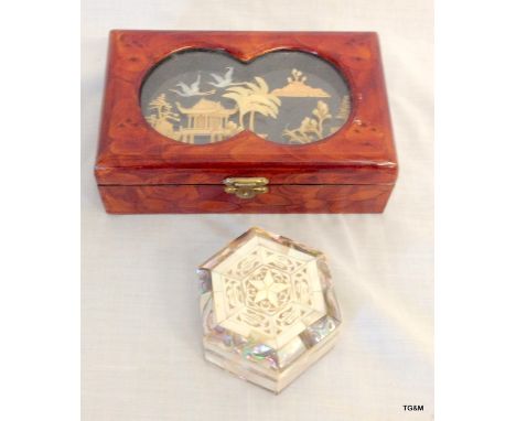 An oriental box and mother of pearl pill box