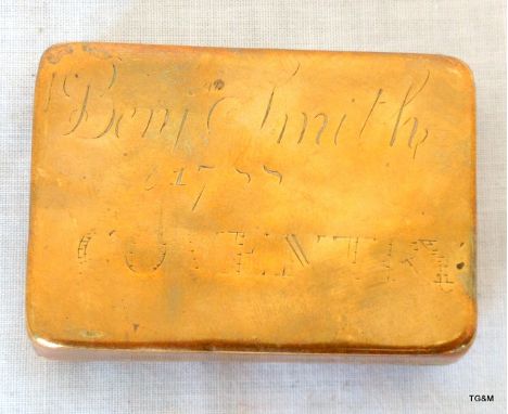 A brass Georgian hinged snuff box with engraved to the lid Benj Smith 1788 Coventry
