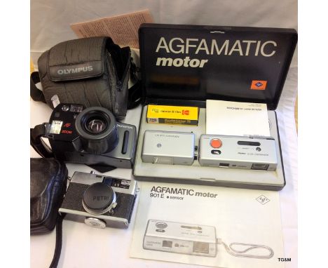 AGFAMATIC motor 901E camera, Olympus and a Vintage Petri camera