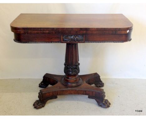 A rosewood Irish card table on claw supports 74 x 92 x 45 (shut)