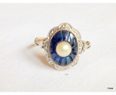 A Ladies sapphire and pearl Art Deco ring and a 9ct gold signet ring. Size M and Size P