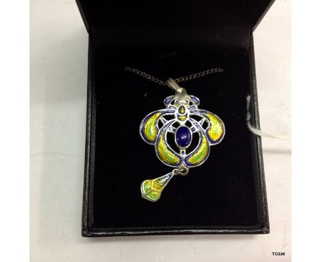 A silver and enamel set Art Nouveau pendant necklace