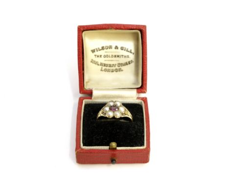 An antique 9ct gold ruby and pearl cluster ring size P