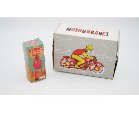 Two vintage tin plate toys. Including a boxed Russian Motounkanct motocyclist tin plate toy (no key) and a boxed Automatic Ro