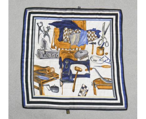 A vintage Fendi silk foulard scarf with dress maker's tools design. Inscribed Fendi, Roma, 1925. L.86 W.86cm 
