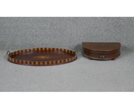 A C.1900 mahogany and satinwood twin handled galleried tray with central inlaid cartouche along with a mid century oak jewell