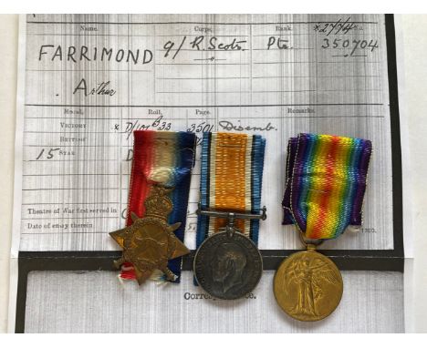 A FIRST WORLD WAR TRIO TO THE ROYAL SCOTS. A Great War Trio comprising 1914-15 Star named to 350704 Pte A. Farrimond R. Scots
