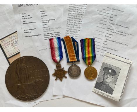 A FIRST WORLD WAR TRIO AND MEMORIAL PLAQUE TO THE LIVERPOOL REGIMENT. A Great War Trio comprising 1914-15 Star named to 14154