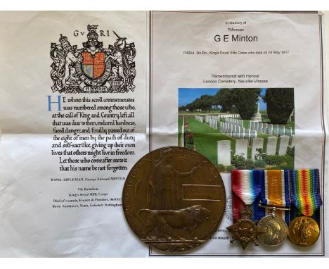 A FIRST WORLD WAR TRIO AND MEMORIAL PLAQUE TO THE RIFLE CORPS. A Great War Trio comprising 1914-15 Star named to R6944 Pte G 