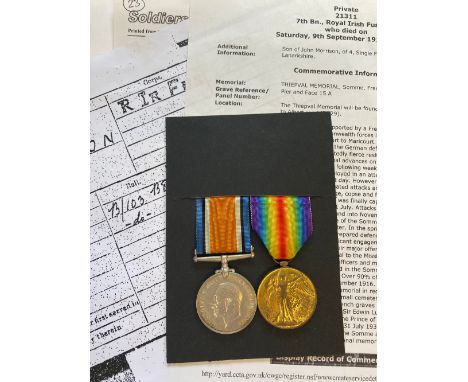 A FIRST WORLD WAR CASUALTY PAIR TO THE ROYAL IRISH FUSILIERS. A Great War pair comprising War Medal and Victory Medal named t