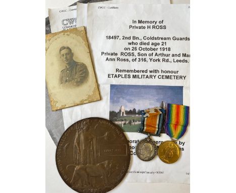 A FIRST WORLD WAR PAIR AND MEMORIAL PLAQUE TO THE COLDSTREAM GUARDS. A Great War Pair comprising War Medal and Victory Medal 