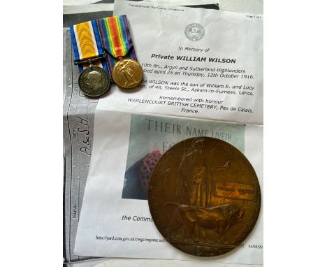 A FIRST WORLD WAR PAIR AND MEMORIAL PLAQUE TO THE ARGYLL AND SUTHERLAND HIGHLANDERS. A Great War Pair comprising War Medal an
