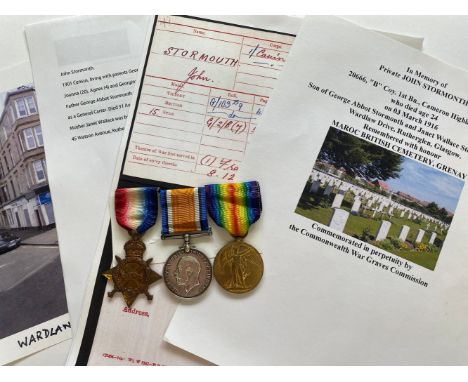 A FIRST WORLD WAR CASUALTY TRIO TO THE CAMERON HIGHLANDERS. A Great War Trio comprising 1914-15 Star named to S-20666 Pte J. 