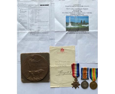 A FIRST WORLD WAR TRIO AND MEMORIAL PLAQUE TO THE CAMBRIDGESHIRE REGIMENT. A Great War Trio comprising 1914-15 Star named to 