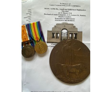 A FIRST WORLD WAR PAIR AND MEMORIAL PLAQUE TO THE ARGYLL AND SUTHERLAND HIGHLANDERS. A Great War Pair comprising War Medal an