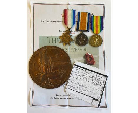 A FIRST WORLD WAR TRIO AND PLAQUE TO THE LANCASHIRE REGIMENT. A Great War Trio comprising 1914-1915 Star named to 3918 Pte W.