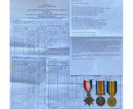 A FIRST WORLD WAR FIRST DAY OF THE SOMME CASUALTY TRIO TO THE ROYAL WEST SURREY REGIMENT. A Great War Trio comprising 1914-15