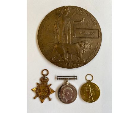 A FIRST WORLD WAR TRIO AND MEMORIAL PLAQUE TO THE DORSET REGIMENT. A Great War Trio comprising 1914-15 Star named to 3-7850 P