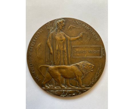 A FIRST WORLD WAR MEMORIAL PLAQUE TO HORACE WRIGHT. The Commonwealth War Graves suggest seven possibilities for this plaque. 