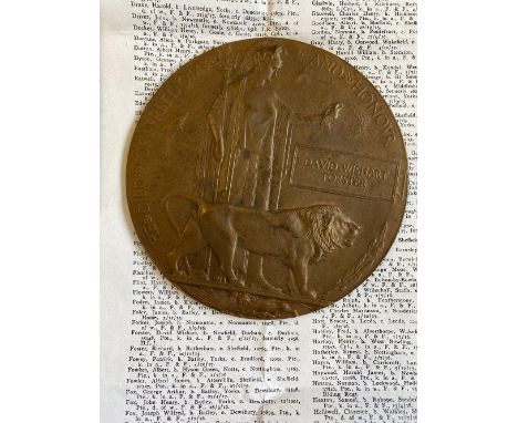 A FIRST WORLD WAR MEMORIAL PLAQUE TO DURHAM LIGHT INFANTRY/K.O.Y.L.I. A Memorial plaque named to David Wishart Forster who se