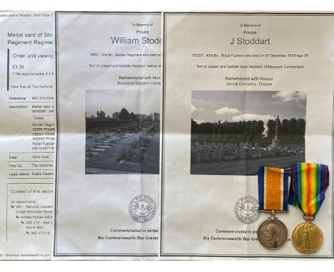 FIRST WORLD WAR MEDALS TO BROTHERS FROM MARYPORT, CUMBERLAND. A War Medal named to 32556 Pte J. Stoddart Bord. R. and a Victo