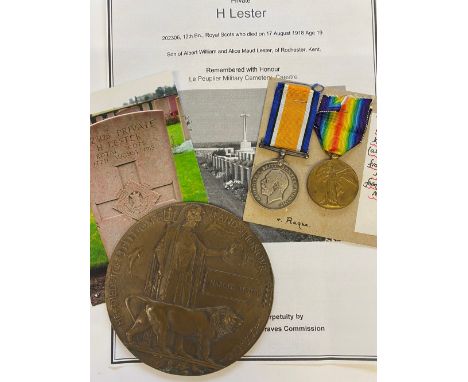 A FIRST WORLD WAR PAIR AND MEMORIAL PLAQUE TO THE EAST KENT AND ROYAL SCOTS. A Great War Pair comprising War Medal and Victor