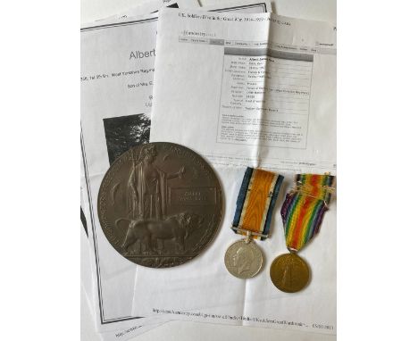 A FIRST WORLD WAR PAIR AND MEMORIAL PLAQUE TO THE WEST YORKSHIRE REGIMENT. A Great War pair comprising War Medal and Victory 