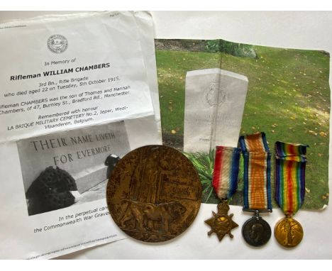 A FIRST WORLD WAR TRIO AND MEMORIAL PLAQUE TO THE RIFLE BRIGADE. A Great War Trio comprising 1914-15 Star named to Z-2319 Pte