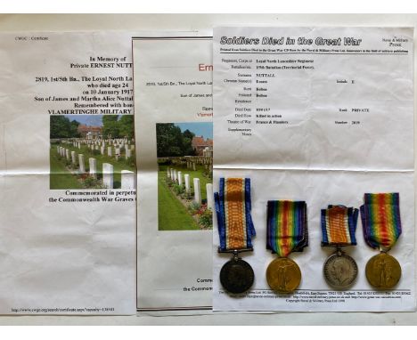 A FIRST WORLD WAR CASUALTY PAIR TO THE LOYAL NORTH LANCASHIRE REGIMENT WITH HIS BROTHER'S PAIR. A Great War pair comprising W