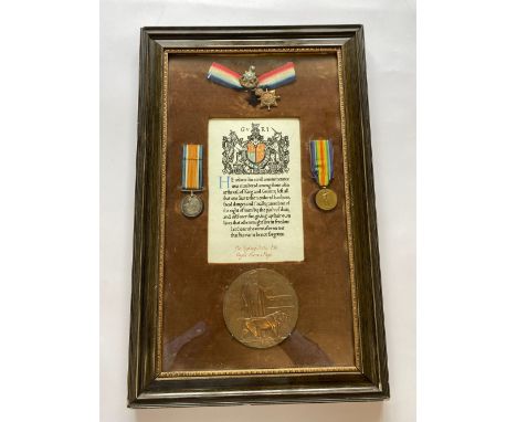 A FIRST WORLD WAR TRIO PLAQUE AND SCROLL TO THE ROYAL SUSSEX REGIMENT. A Great War Trio comprising 1914-15 Star, War Medal an