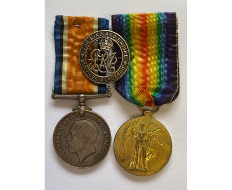 A FIRST WORLD WAR PAIR AND WAR BADGE TO THE ROYAL ENGINEERS. A Great War pair comprising War Medal and Victory Medal named to