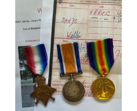 A FIRST WORLD WAR CASUALTY TRIO TO THE KING'S ROYAL RIFLES. A Great War Trio comprising 1914-15 Star named to R-12037L-Cpl W.