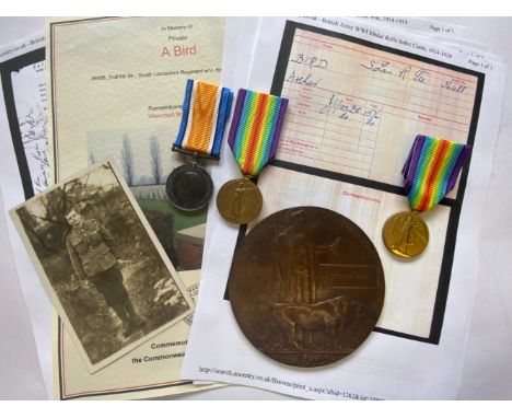 A FIRST WORLD WAR PAIR AND MEMORIAL PLAQUE TO THE SOUTH LANCASHIRE REGIMENT WITH RELATED VICTORY MEDAL. A Great War Pair comp