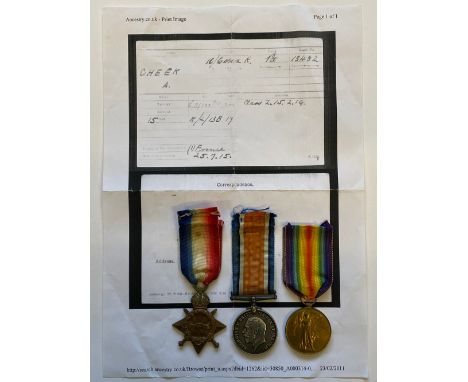 A FIRST WORLD WAR TRIO TO THE ESSEX REGIMENT. A Great War Trio comprising 1914-15 Star named to 13482 Pte A. Cheek Essex R. W