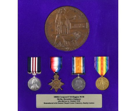 A FIRST WORLD WAR GALLANTRY CASUALTY GROUP TO THE DORSETSHIRE REGIMENT. A Great War Group of four and Memorial Plaque compris