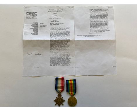 TWO FIRST WORLD WAR MEDALS TO A FIRST DAY OF THE SOMME CASUALTY FROM THE MANCHESTER 5th CITY PALS. Two medals comprising 1914