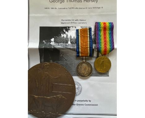 A FIRST WORLD WAR TRIO AND MEMORIAL PLAQUE TO THE LANCASHIRE FUSILIERS. A Great War Pair comprising War Medal and Victory Med
