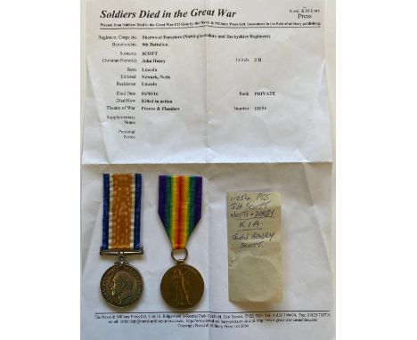 A FIRST WORLD WAR CASUALTY PAIR TO THE SHERWOOD FORESTERS. A Great War pair comprising War and Victory Medals to 'Pte J.H. Sc