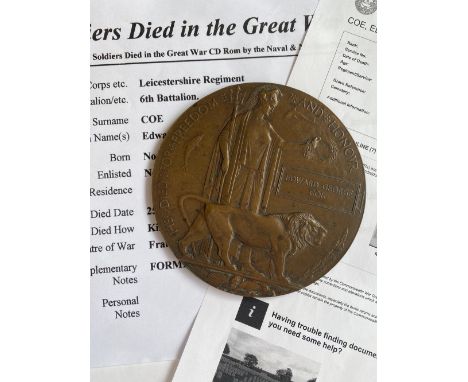 A FIRST WORLD WAR MEMORIAL PLAQUE TO THE LEICESTERSHIRE REGIMENT. A Memorial Plaque named to Edward George Coe. Corporal Coe,