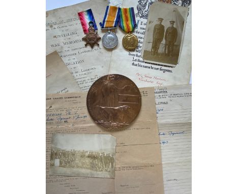 A GREAT WAR TRIO, MEMORIAL PLAQUE, SCROLL AND EPHEMERA TO THE MANCHESTER REGIMENT. A Great War Trio Comprising 1914-15 Star n