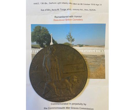 A FIRST WORLD WAR MEMORIAL PLAQUE TO THE DURHAM LIGHT INFANTRY. A Memorial Plaque named to Arthur Morton Tonge. Private Tonge