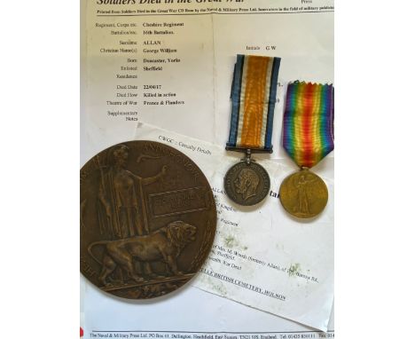 A FIRST WORLD WAR PAIR AND MEMORIAL PLAQUE TO THE CHESHIRE BANTAMS. A Great War comprising War Medal and Victory Medal named 