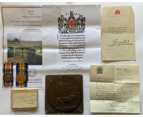 A FIRST WORLD WAR PAIR AND MEMORIAL PLAQUE TO THE EAST LANCASHIRE REGIMENT. A Great War Pair comprising War Medal and Victory