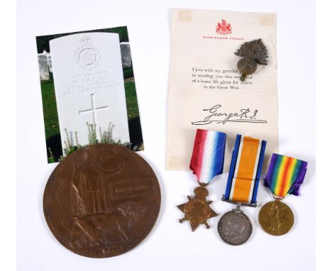 A FIRST WORLD WAR TRIO AND PLAQUE TO A CASUALTY AT THE BATTLE OF HOOGE FROM THE ROYAL FUSILIERS. A Great War Trio comprising 