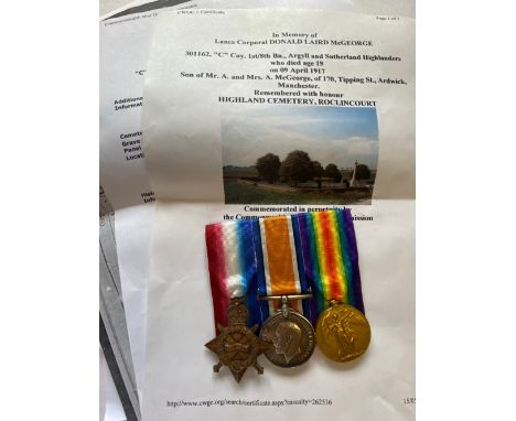 A FIRST WORLD WAR CASUALTY TRIO TO THE ARGYLL AND SUTHERLAND HIGHLANDERS. A Great War Trio comprising 1914-15 Star named to 3