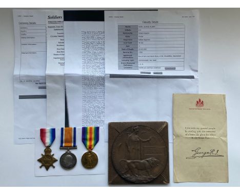 A FIRST WORLD WAR CASUALTY TRIO AND PLAQUE TO THE SUFFOLK REGIMENT. A Great War Trio Comprising 1914-15 Star named to 12281 P